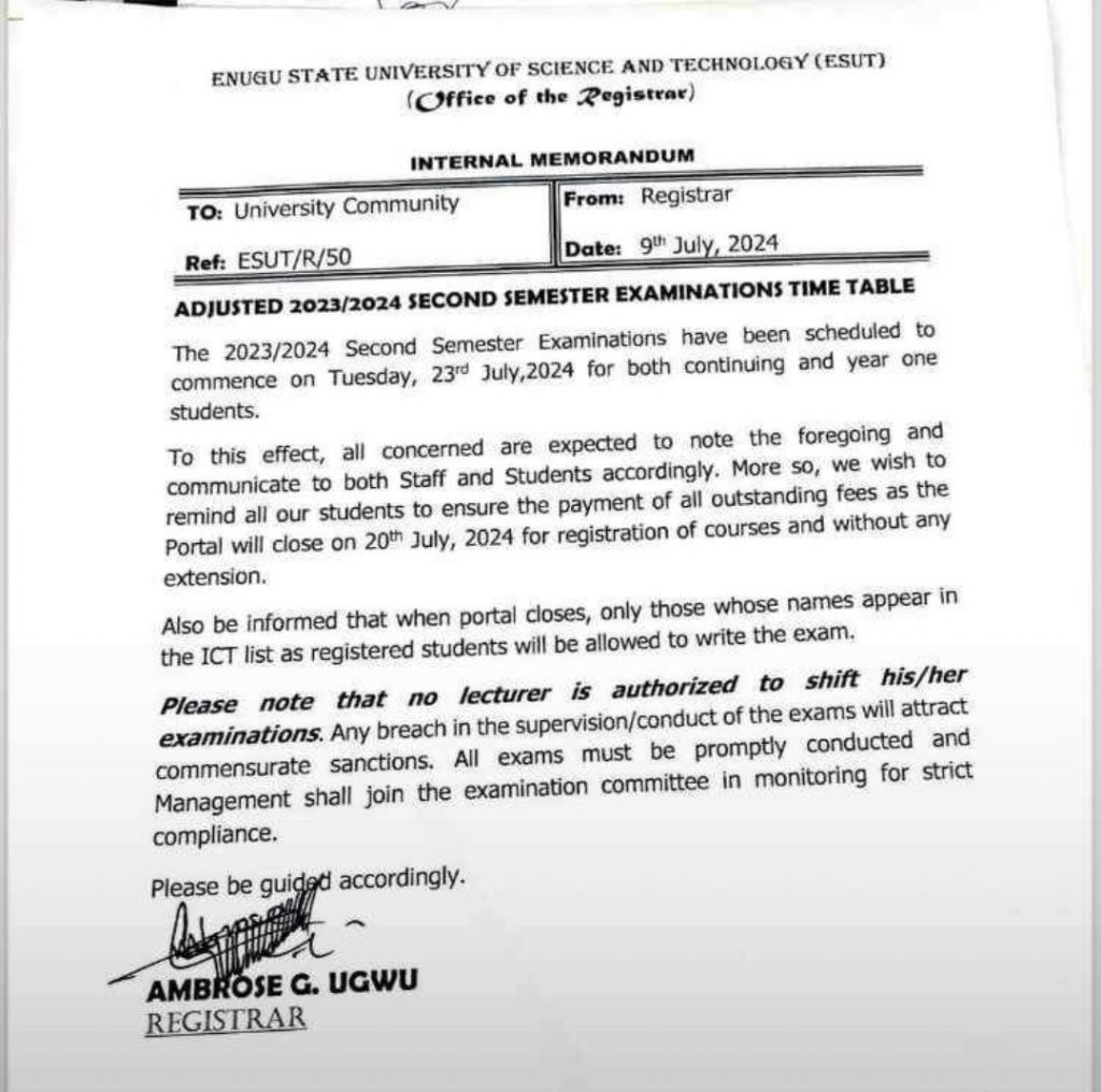 ESUT 2023/2024 second semester examinations